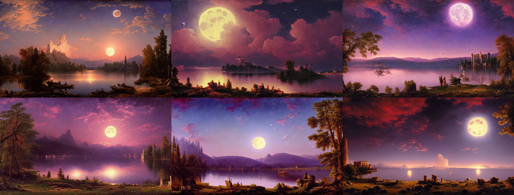 Prompt: picturesque moonrise at a Central European mountain lake with citadel ruins, magenta night sky with stars and translucent clouds, oil on canvas by Ivan Shishkin, award-winning digital art by Capcom on Pixiv, trending on Artstation