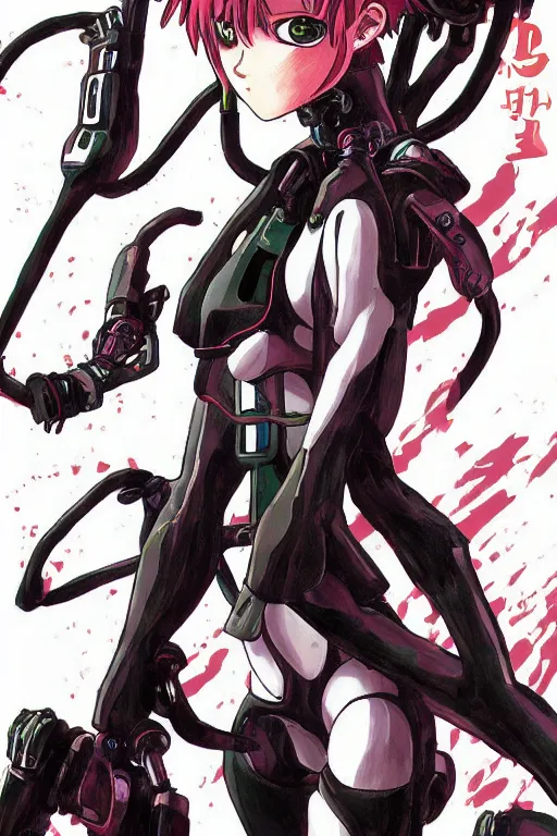 Prompt: beautiful coherent award-winning manga cover art of a mysterious lonely cyborg anime woman wearing a plugsuit, serial experiments lain, neon genesis evangelion, painted by tsutomu nihei