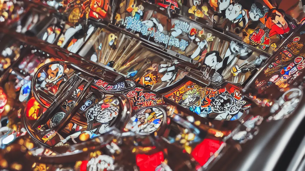 Prompt: up-close shot of a pachinko machine, anime style, brown and gray, cartoon style