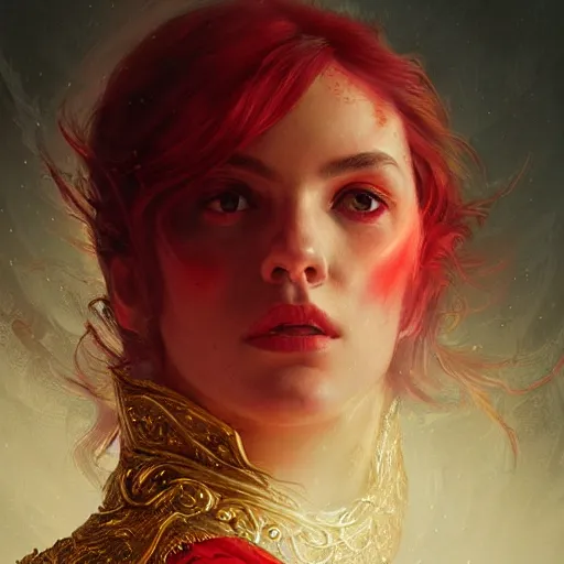 Image similar to portrait of a red sorcerer, sharp focus, ultra realistic illustration, regal clothing, gold ethereal light, by livia prima