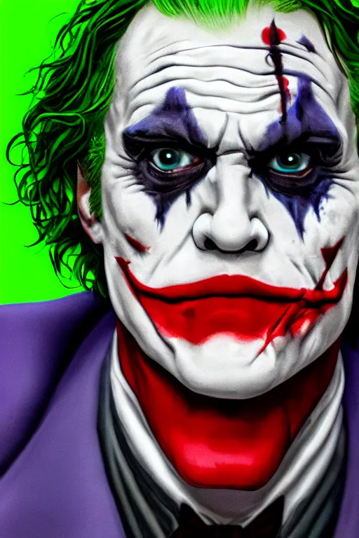 Image similar to a profile shot of the joker doing the kubrick stare looking directly at the camera, 8k, hyperrealism, cinematic lighting