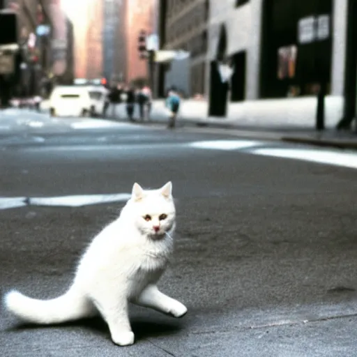 Prompt: leica s photograph, kodachrome film, subject is a white furry cat skateboarding down broadway in nyc