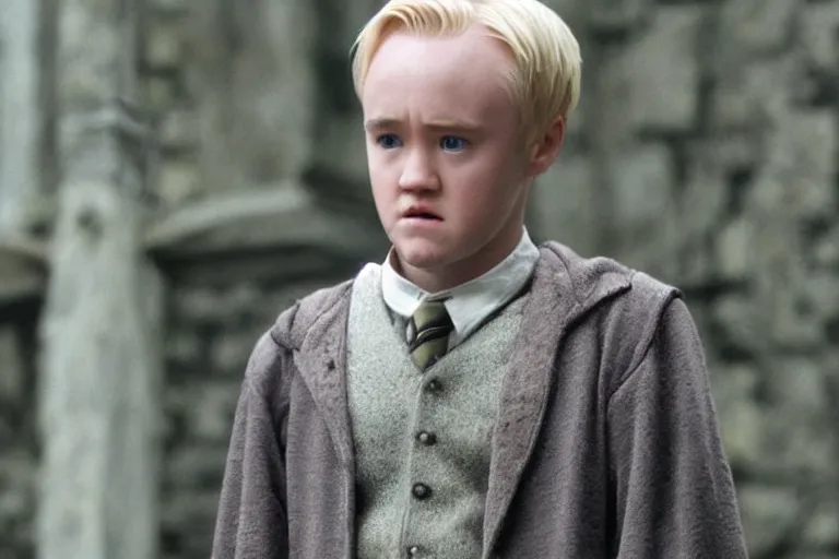 Prompt: film still Haley Joel Osment as Draco Malfoy wearing hogwarts uniform in Harry Potter movie