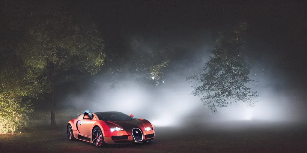 Image similar to bugatti veyron, warm lighting, fog, fairy lights, backyard at late night, tumblr aesthetic