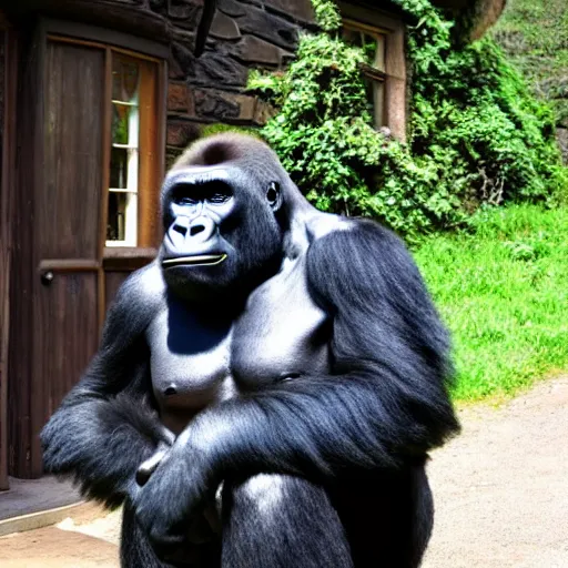 Image similar to a gorilla outside of Bilbo Baggins house in The Shire