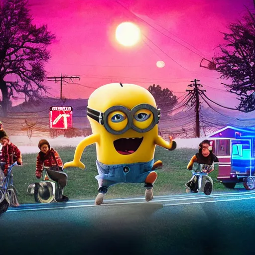 Image similar to minion in the stranger things upside down world, realistic, photography, award winning, 8 k, wide shot,