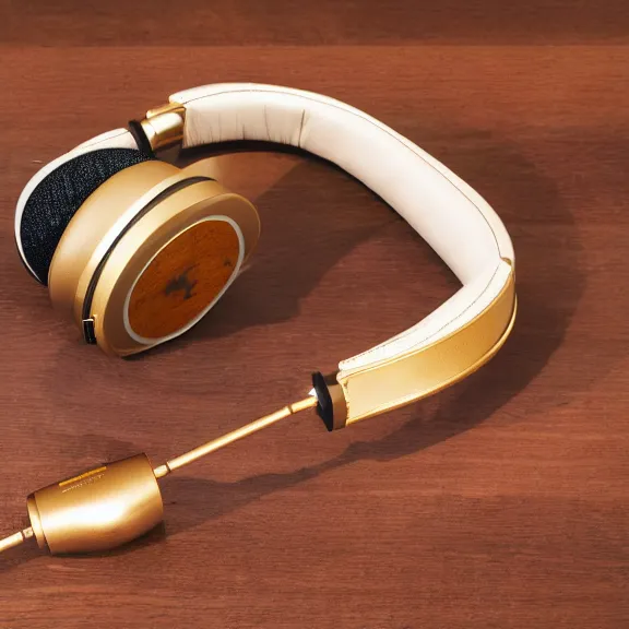 Prompt: beautiful well designed high fidelity meze classics headphones, gold metal, wood cups, leather padding, on mahogany desk, modernist headphones, wood headphones hyperrealistic, audiophile, intricate hyper detail, extreme high quality, photographic, meze audio, sennheiser, hifiman