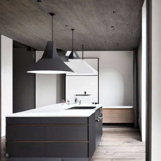 Image similar to luxury bespoke kitchen design, modern rustic, Japanese and Scandanvian influences, understated aesthetic, innovative materials and textrue, by Roundhouse Design and Charles Yorke and Davonport