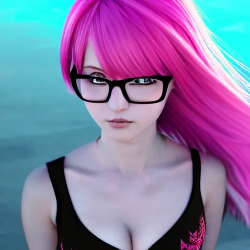 Prompt: a anime waifu with pink hair and round glasses, 4 k, high octane render, blender, succubus, digital art, realistic, hyper realism, cinematic