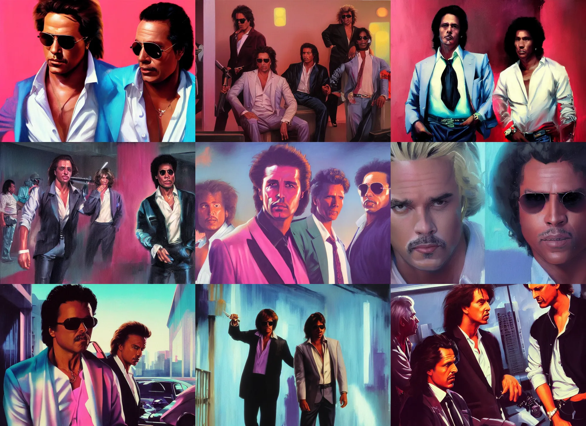 Image similar to a portrait painting of eighties miami vice, night club, don johnson and philip michael thomas, ultra realistic, highly detailed faces, true life, 8 k, masterpiece, cinematic, by frank frazetta, greg rutkowski, yoko taro, christian macnevin, beeple, wlop, krenz cushart, epic character art, volumetric lighting