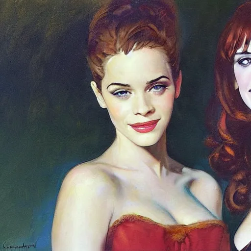 Image similar to frank frazetta painting of christina hendricks and emma watson