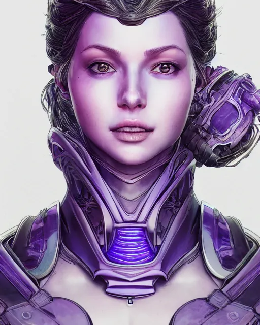 Image similar to close up portrait of a beautiful woman in smooth purple sci - fi armor, elegant, intense, an ultrafine hyperdetailed illustration by kim jung gi, irakli nadar, intricate linework, sharp focus, bright colors, octopath traveler, final fantasy, unreal engine 5, global illumination, radiant light