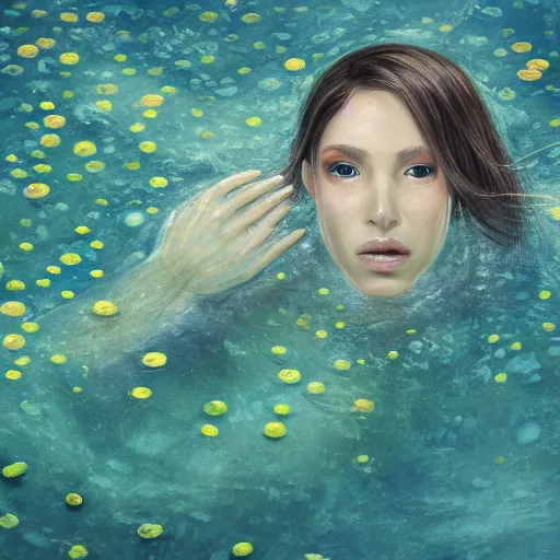 Image similar to A woman submerged underwater, you can only see her face from an aerial view with lily pads surrounding her as her hand reaches out to you, artistic digital art, very opaque, gloomy style, oil paints and pastel highlights, trending on artstation, artstationHD, artstationHQ, 4k, 8k