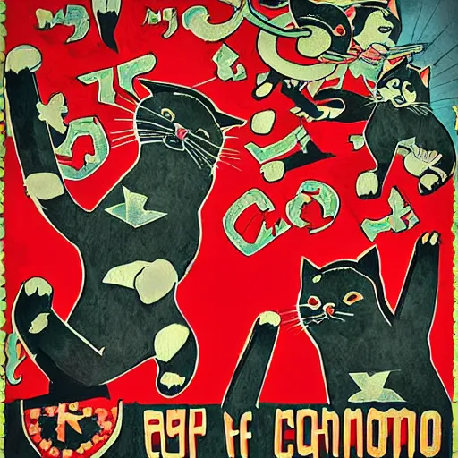 Prompt: riot of communist cats drawn as communist propaganda