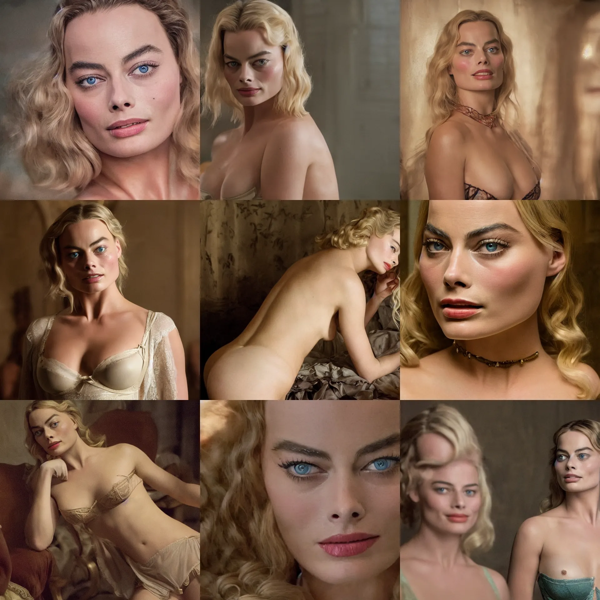 Prompt: movie still of margot robbie as a tease in lingerie, detailed eyes and facial fieatures by leonardo di vinci, wide shot, by ilya repin