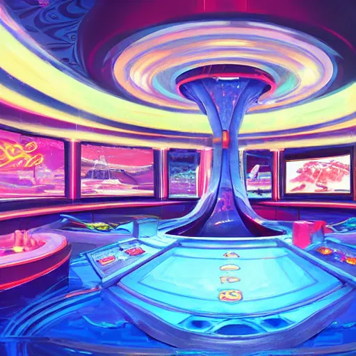 Image similar to futuristic casino, crisp, artistic, artstation, luxury, las vegas, beautiful, concept art, cartoon, dim painterly lighting volumetric aquatics