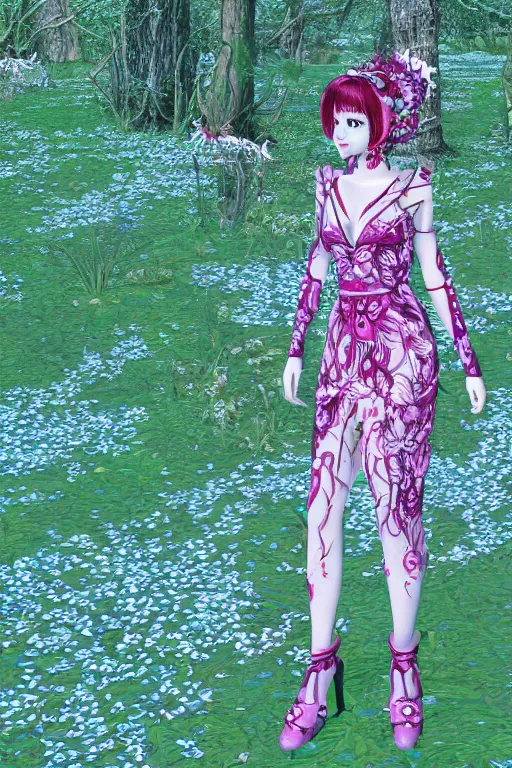 Prompt: beautiful female forest spirit wearing ornate floral cybernetic hungarian valentino resort dress in a lofi 3 d psx rpg style, esoteric magical alien meadow ritual environment, fashion gameplay screenshot portrait, highly detailed, atelier, xenogears