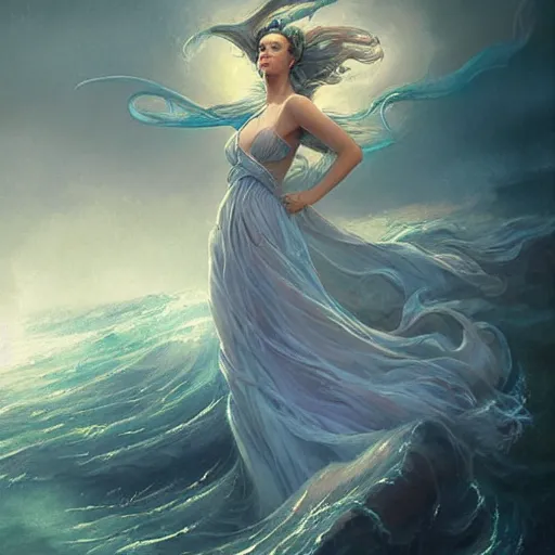 Prompt: beautiful powerful water goddess clothed in a flowing blue gown strides through a stormy sea, detailed matte fantasy portrait, dynamic lighting, bokeh backdrop, by greg rutkowski, by peter mohrbacher, by brom