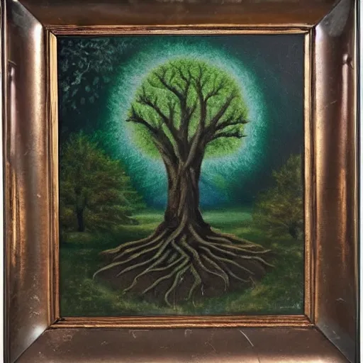 Prompt: a mysterious stone with magical symbols stands in the middle of a forest of ancient oaks, dawn, oil painting