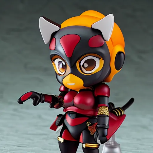 Prompt: closeup photograph of cute bee nendoroid with themed crimson - black armor, portrait, hyperdetailed, artstation, cgsociety, 8 k, by tangerine dream