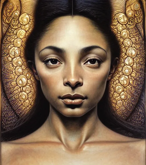 Prompt: detailed realistic beautiful young sade adu face portrait by jean delville, gustave dore and marco mazzoni, art nouveau, symbolist, visionary, ornate, baroque, intricate fractal, maximalism. horizontal symmetry by zdzisław beksinski, iris van herpen, raymond swanland and alphonse mucha. highly detailed, hyper - real, beautiful