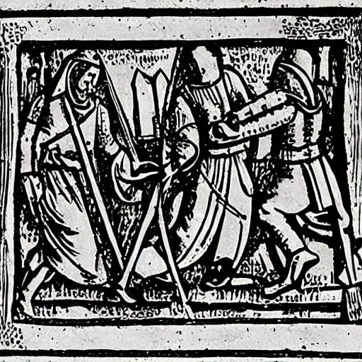 Prompt: medieval wood cut depicting scenes of serfs and Knights encountering UFO