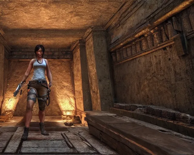 Image similar to screenshot of tomb raider uncharted indiana jones game ps 5, an ancient undiscovered egyptian treasure room entirely made of shiny gold walls, chest full of ingots and gems and precious, concept art, architecture design, pyramids style, rtx, nvidia, renderer, stunning graphics