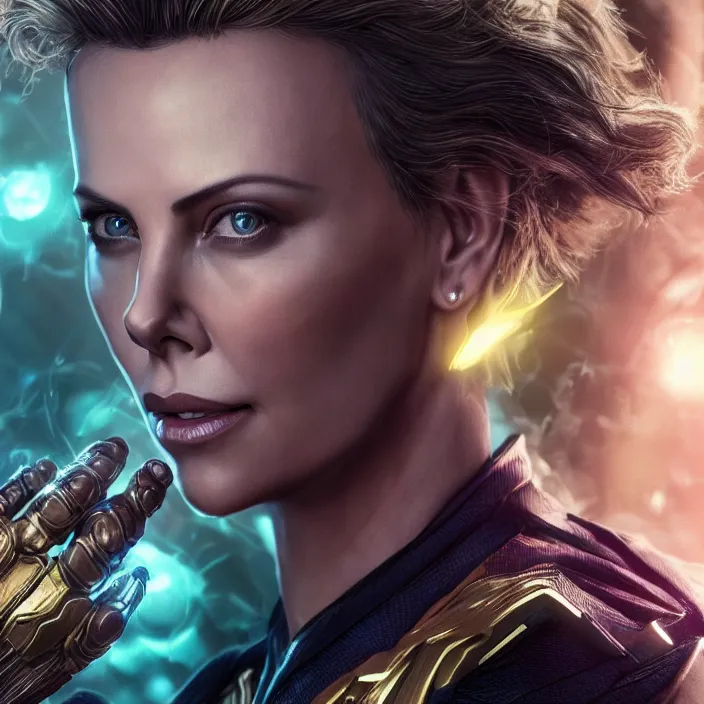 Image similar to portrait of Charlize Theron, wearing The Infinity Gauntlet. intricate artwork. octane render, trending on artstation, very coherent symmetrical artwork. avengers. thanos. cinematic, hyper realism, high detail, octane render, 8k, iridescent accents