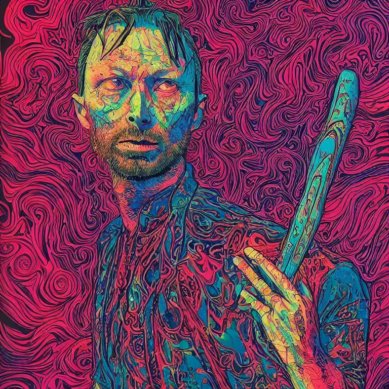 Image similar to beautiful colorful hyperrealist highly detailed psychedelic music poster'zombie thom yorke ', psychedelic art nouveau, beautiful high contrast colored wood engraving, moebius comic style, shocking detail trending on artstation 8 k