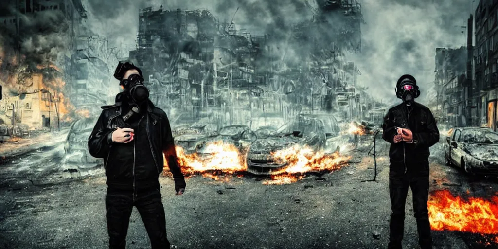 Prompt: post - apocalyptic city streets, close - up shot of an anarchist with a gasmask, burning cars, explosions, acid color smoke, hyperrealistic, gritty, damaged, urban photography, photorealistic, high details