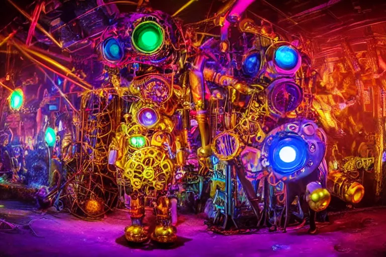 Image similar to scene is elrow party in privilege in ibiza, portrait photo of a giant huge golden and blue metal steampunk robot, with gears and tubes, eyes are glowing red lightbulbs, shiny crisp finish, 3 d render, 8 k, insaneley detailed, fluorescent colors, haluzinogetic, background is multicolored lasershow