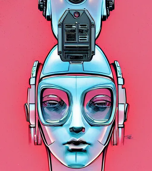 Image similar to a robot with a digitized female face, Industrial Scifi, detailed illustration, character portrait, by Martin Grip and Moebius