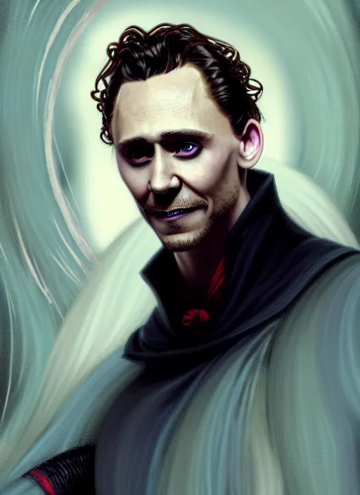 Image similar to portrait of tom hiddleston as a vampire lord, jewelry, intricate, headshot, highly detailed, digital painting, artstation, concept art, sharp focus, cinematic lighting, illustration, art by artgerm and greg rutkowski, alphonse mucha, cgsociety