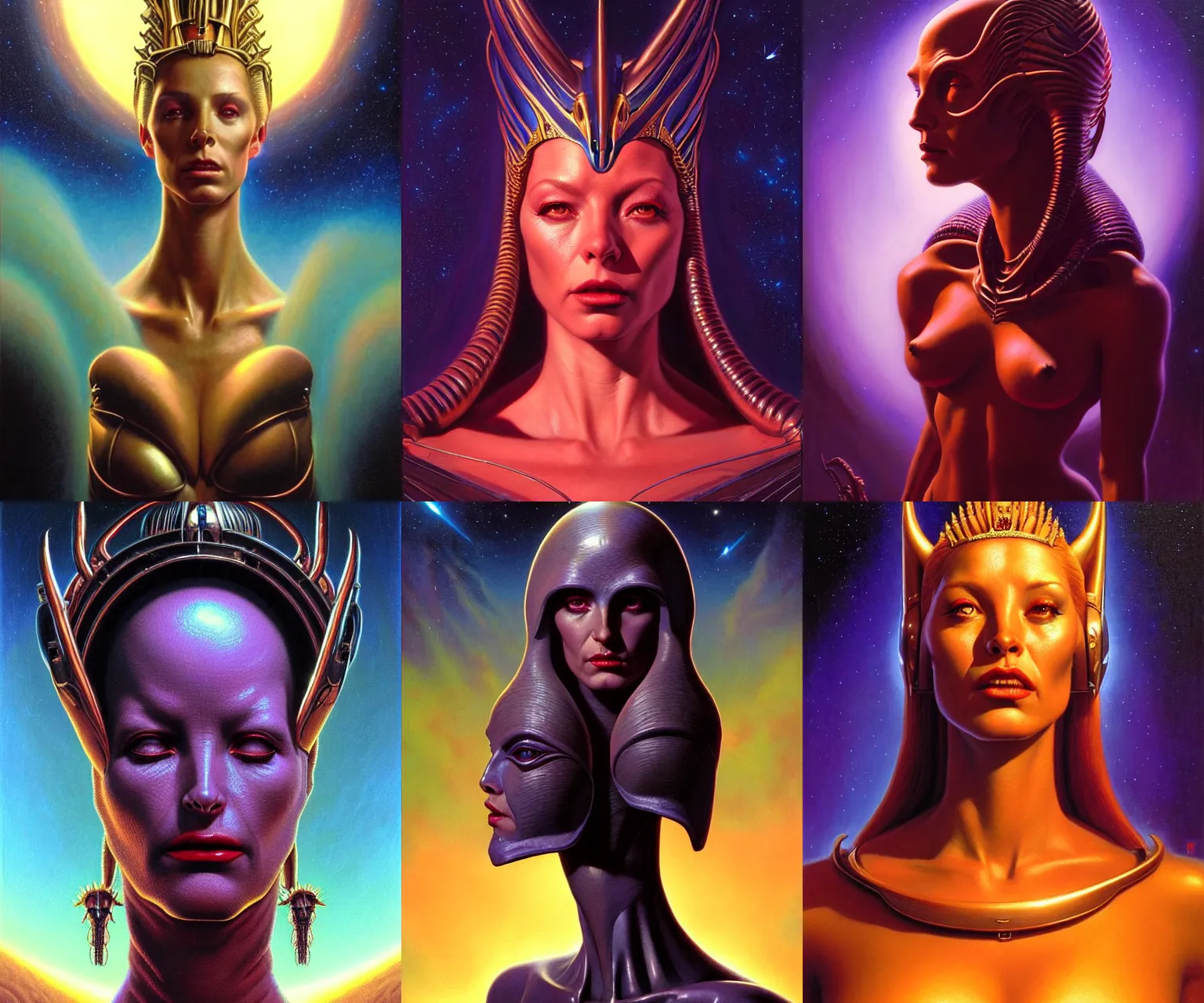 Prompt: cinematic bust portrait of alluring female extraterrestial queen, head and chest only, exotic alien features, Tim Hildebrandt, Wayne Barlowe, Bruce Pennington, donato giancola, ralph horsley, oil on canvas, masterpiece, trending on artstation, featured on pixiv, cinematic composition, dramatic pose, beautiful lighting, sharp, details, hyper-detailed, HD, HDR, 4K, 8K