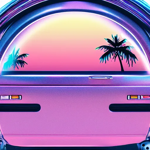 Prompt: miami beach sunset vapor wave palm trees 80s synth retrowave delorean close up ultra detail contrast specular metal car door details realistic render parts chrome