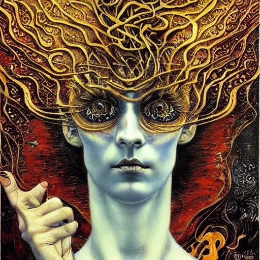 Image similar to Visions of Hell by Karol Bak, Jean Deville, Gustav Klimt, and Vincent Van Gogh, nightmare portrait, infernal, visionary, otherworldly, fractal structures, ornate gilded medieval icon, third eye, hellfire, stygian, spirals, cosmic horror