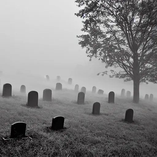 Prompt: A graveyard, with headstones and crypts, and a foggy mist rolling in, in a Halloween style.