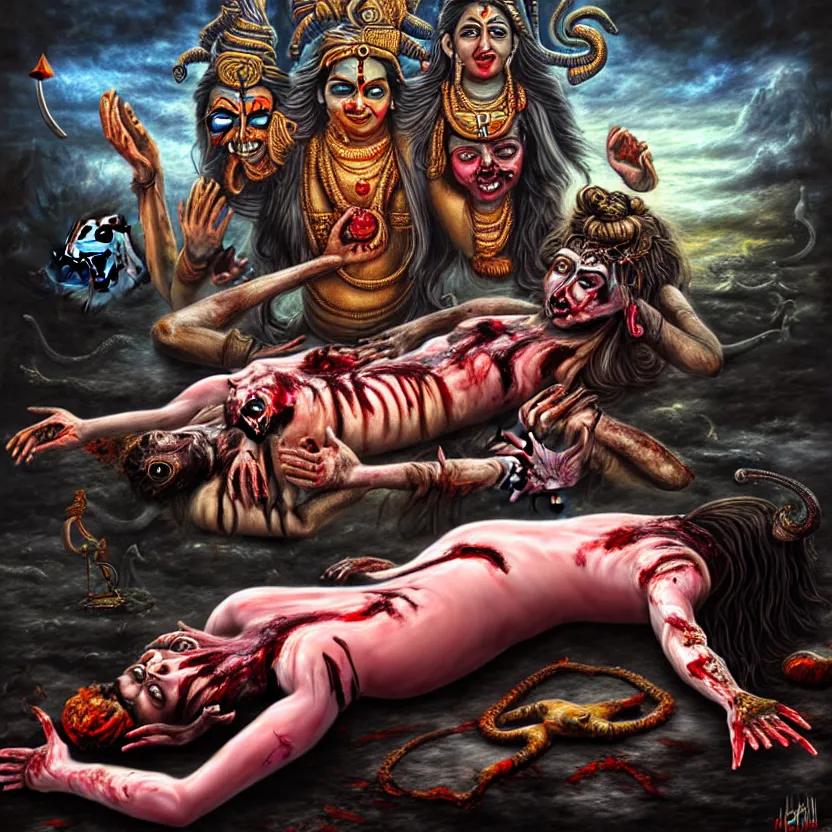 Prompt: kali with her tongue sticking out standing over the corpse of shiva, digital art, hyperrealistic nightmare scene, supernatural, highly detailed, creepy, terrifying