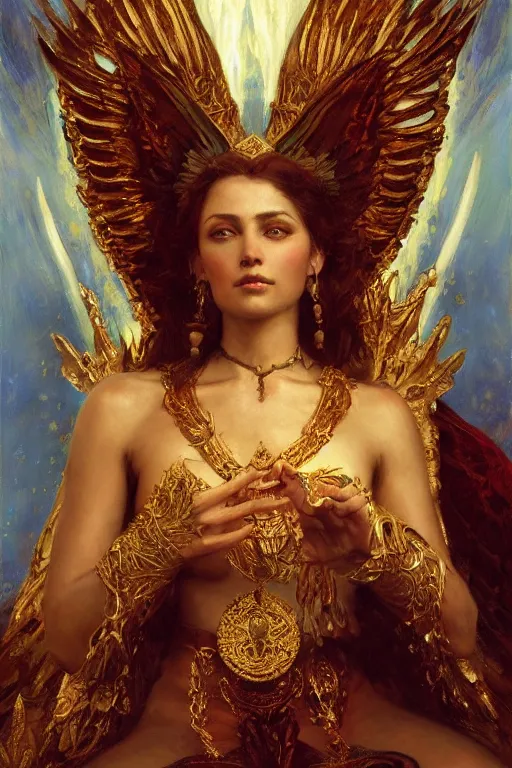 Image similar to full body portrait of seraphim queen sitting on her bone throne, highly detailed painting by gaston bussiere, craig mullins, j. c. leyendecker, 8 k, mid shot