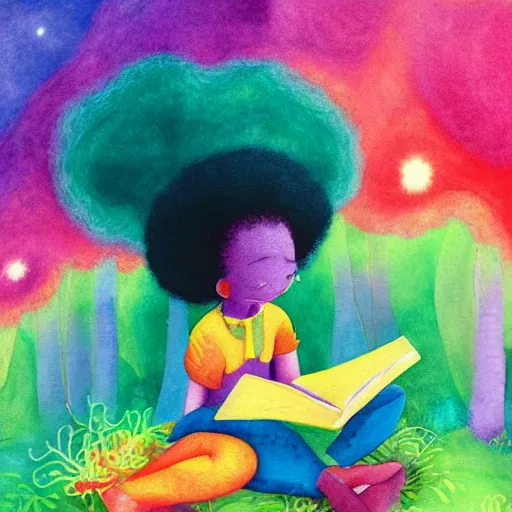 Image similar to a black girl with a colorful afro and big colorful eyes reading a book in the forest, bright colours, bokeh!!, watercolor, volumetric wool felting, macro photography, children illustration, by goro fujita