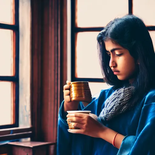 Prompt: teenage indian girl drinking a cup of tea, Cinematic, DSLR, First-Person view, Depth of Field, Full-HD, Sad, Lonely, Feng Shui, Moody Lighting, Cinematic Lighting, Studio Lighting, RTX, by Takashi Murakami