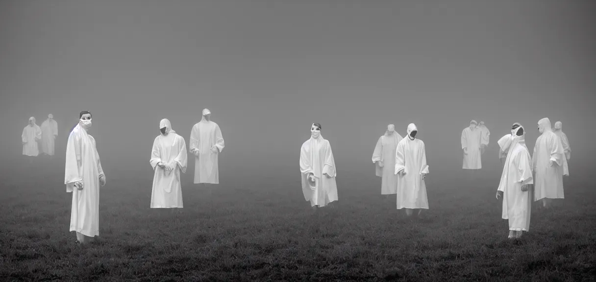 Image similar to Long Shot (LS) vintage black and white photo group of people dressing in white robes wearing white masks standing in the field, cinematic lighting, cinematic composition, cinematic atmosphere, misty foggy. Vogue photography Sigma 150-600mm f/5-6.3 lens, still winning photograph from a thriller movie.