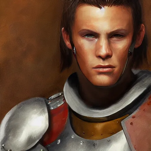 Image similar to realistic painting character portrait young scarred captain knight with a steel breastplate, short brown hair and stubble. straight nose, brown eyes, lean face and build. fighting with a longsword, no helmet. hyper detailed