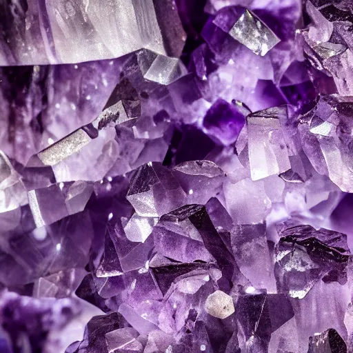 Image similar to hyper realistic macro shot of amethyst crystals, high definition, incredible detail, flash photography at night, cave exploration, muted pastel tones