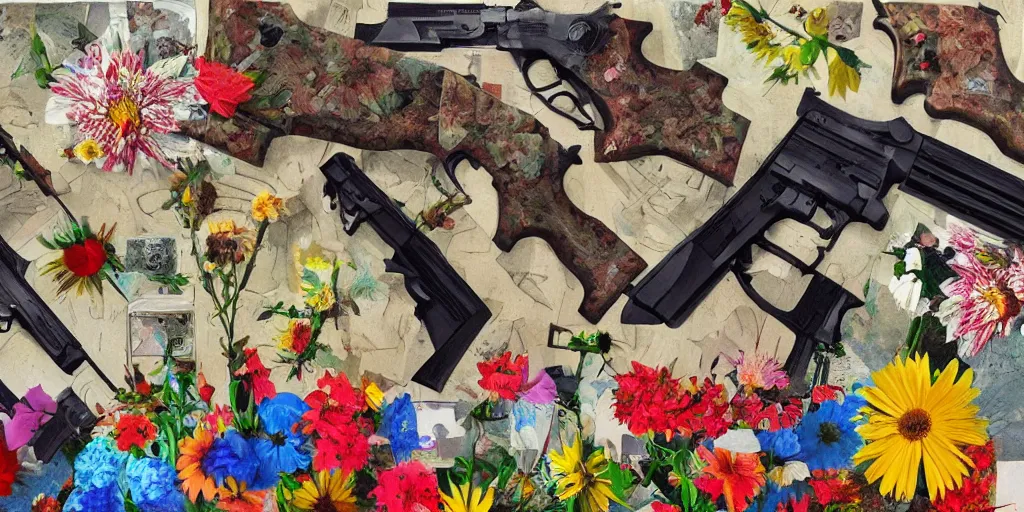 Image similar to guns and flowers, collage, acrylic on canvas, expressionism movement, ultra realistic, smooth shading, ultra detailed, high resolution, cinematic, unreal 6, breathtaking detailed, by blake neubert