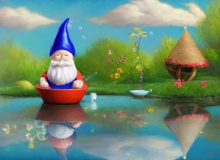 Prompt: a garden gnome sailing in a teacup, whimsical background of a reflective pond on a sunny day with dramatic clouds, an ultrafine detailed painting by mark ryden, trending on deviantart, pop surrealism, whimsical, lowbrow, joyous, perfect cute face