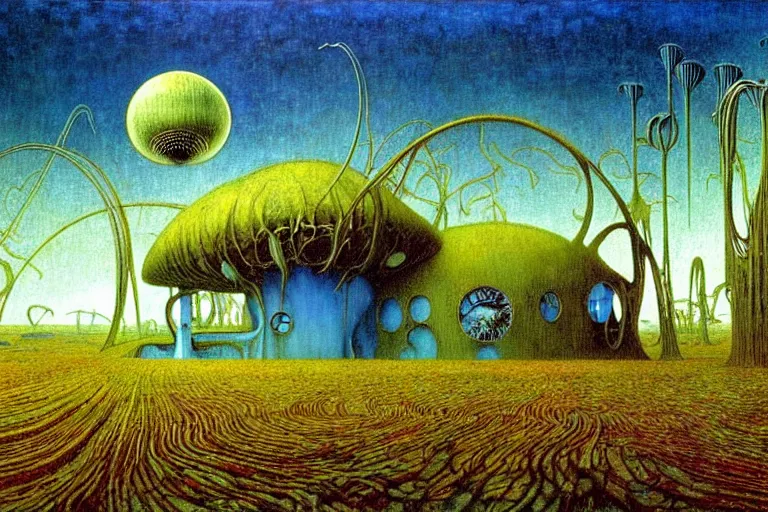 Image similar to realistic detailed landscape painting a single house in a plain field, single ufo in the sky, futuristic sci-fi forest on background by Jean Delville, Amano, Yves Tanguy, Alphonse Mucha, Ernst Haeckel, Edward Robert Hughes, Roger Dean, rich moody colours, blue eyes