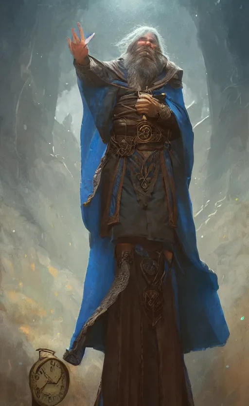 Image similar to portrait of a middle aged elf with a long beard, dressed in a blue cloak with clock iconography, brown hair, raised hand, detailed face, fantasy, highly detailed, cinematic lighting, digital art painting by greg rutkowski