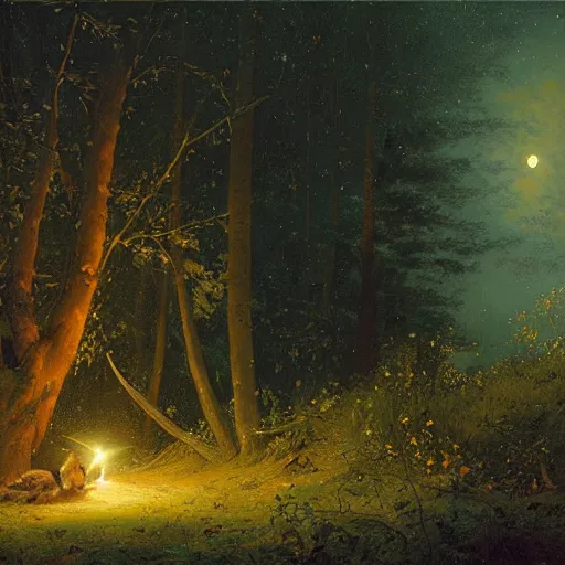 Prompt: an oil painting of a hedgehod sitting in a moonlit forrest with a clear sky and visible stars. By carl spitzweg tuomas korpi and greg rutkowski