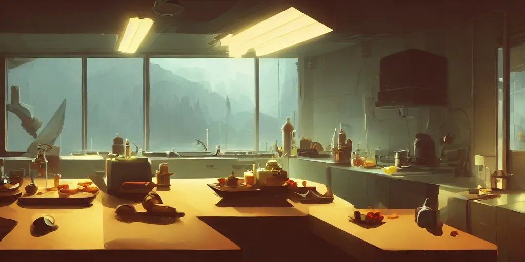 Prompt: minimalistic kitchen dim lit by a candle ripped physique simon stalenhag gerald brom bastien grivet by greg rutkowski, game background, fisheye camera